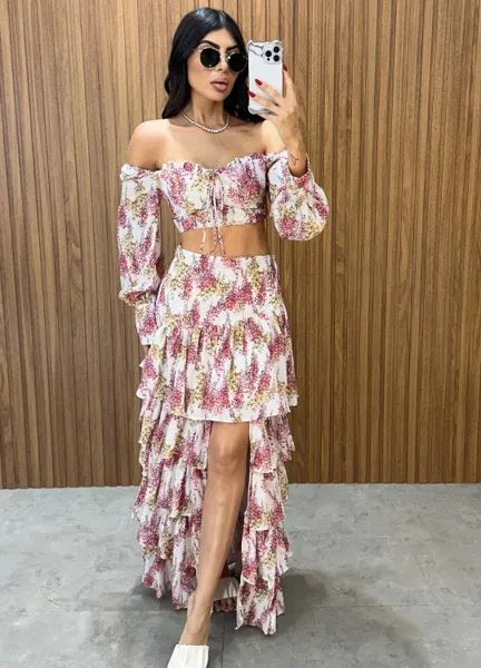Conjunto Búzios Floral - Off/Rosa