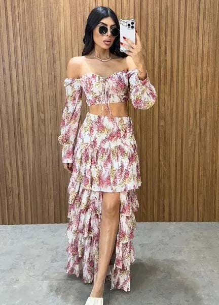 Conjunto Búzios Floral - Off/Rosa