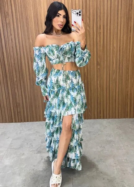 Conjunto Búzios Floral - Off/Verde