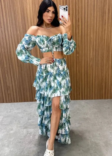 Conjunto Búzios Floral - Off/Verde