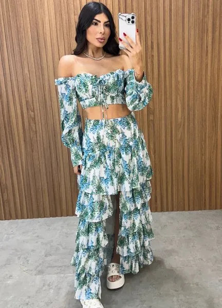 Conjunto Búzios Floral - Off/Verde