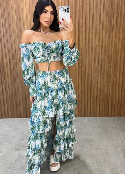 Conjunto Búzios Floral - Off/Verde