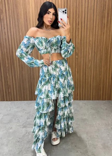 Conjunto Búzios Floral - Off/Verde