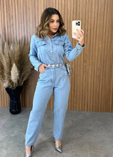 Macacão Jeans Manga Longa- Lavagem Clara